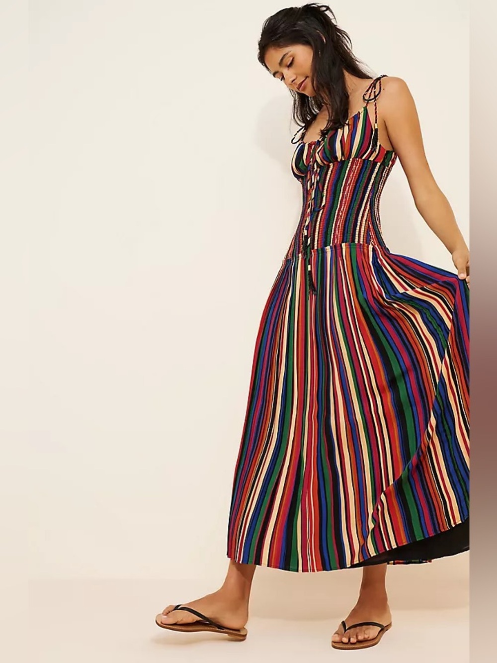 Farm Rio Pipa Stripes Midi Dress Rainbow Smocked Sundress Small